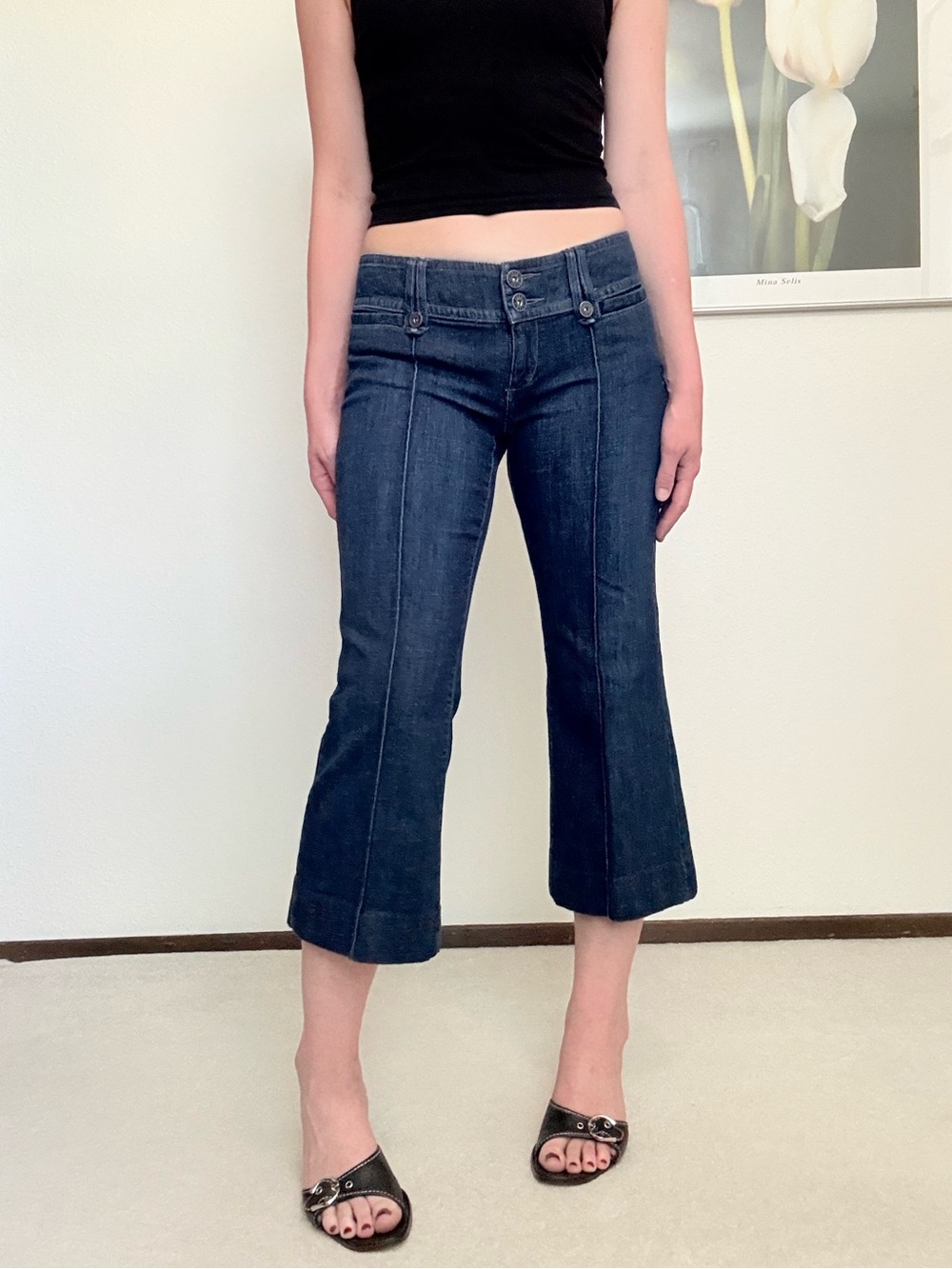 Y2K Elle Monaco Low Rise Denim Flare Capris Downtown Office Siren Mcbling